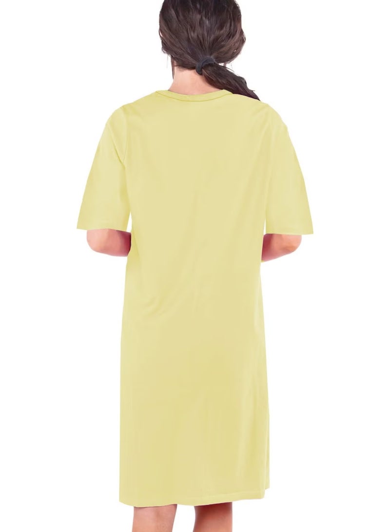 Rock&Roll Plain Light Yellow V Neck Half Sleeve Knee Length Comfortable Home Dress Nightgown - Image 2